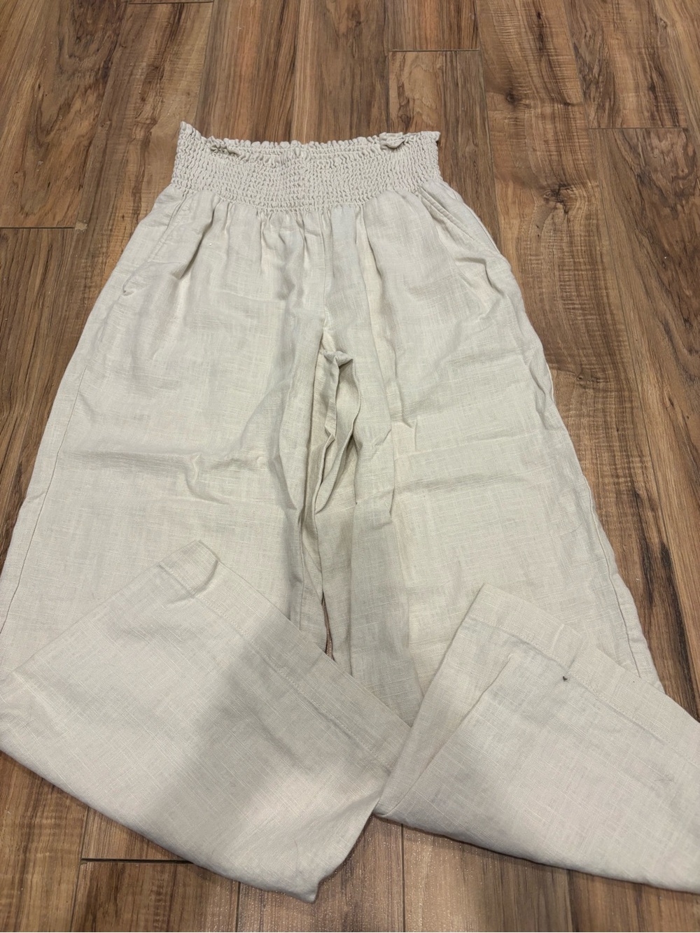 Smocked Waist Wide-Leg Linen Pants - Ivory